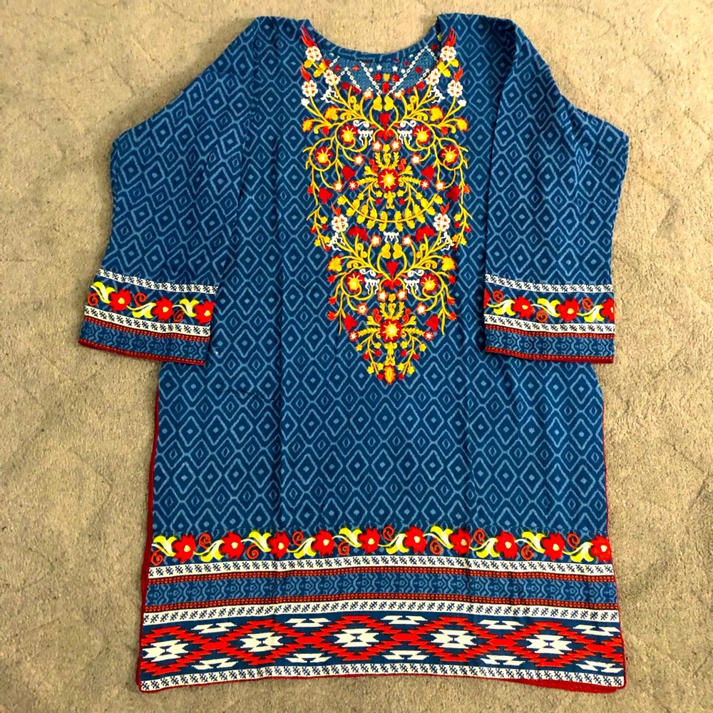 Pakistani Kurta Self-Printed Cotton Embroidered Neckline Size M Blue/Multicolor